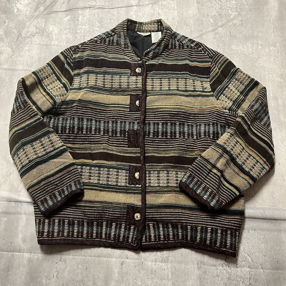 Retro Womens Cardigan Sweater Multicolor Stripe Long Sleeve Pockets Cotton XL
